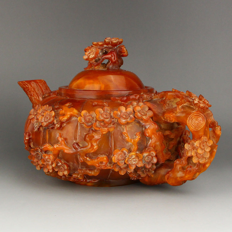 Chinese Ox Horn Low Relief Plum Flower Teapot