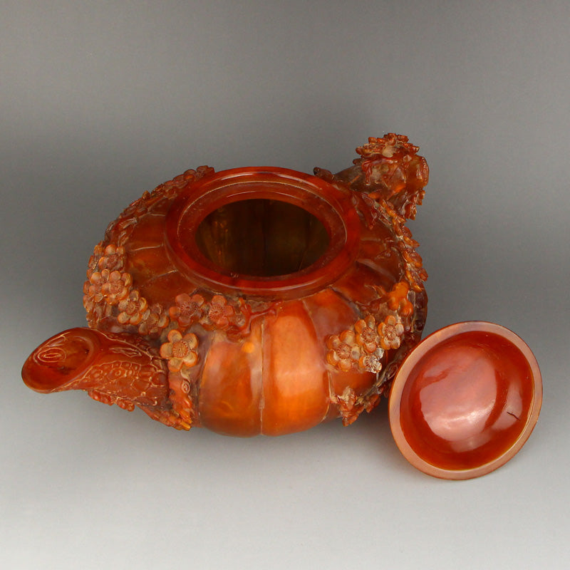 Chinese Ox Horn Low Relief Plum Flower Teapot