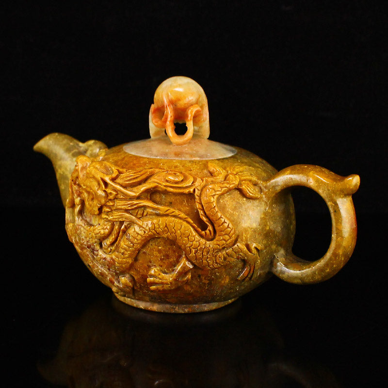 Chinese Shoushan Stone Low Relief Fortune Dragon Design Teapot w Certificate