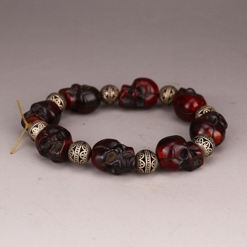 Chinese Ox Horn Carved Skull Beads Bracelet