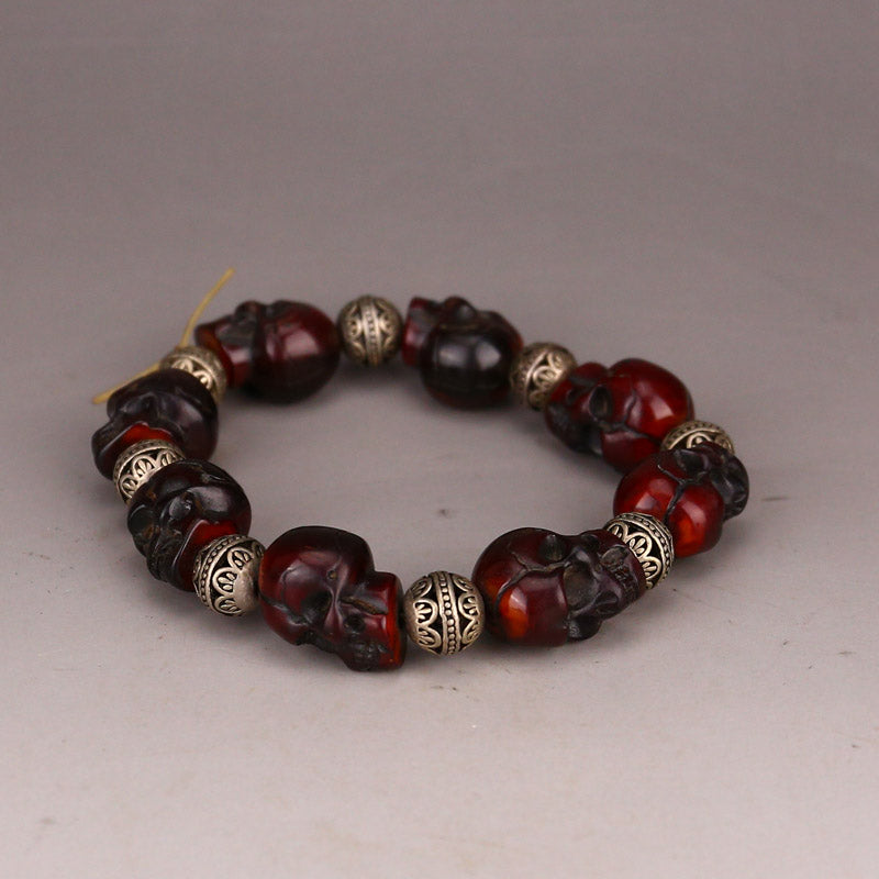 Chinese Ox Horn Carved Skull Beads Bracelet