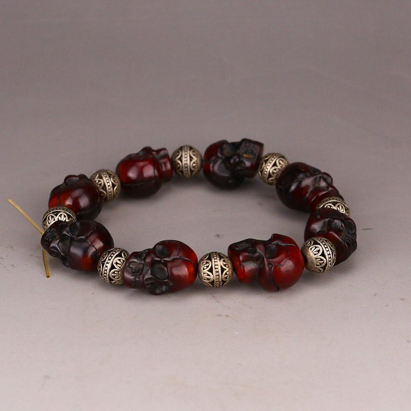 Chinese Ox Horn Carved Skull Beads Bracelet
