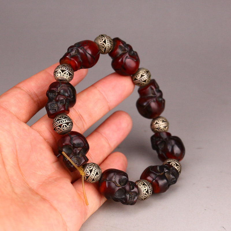 Chinese Ox Horn Carved Skull Beads Bracelet