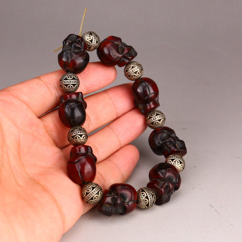 Chinese Ox Horn Carved Skull Beads Bracelet