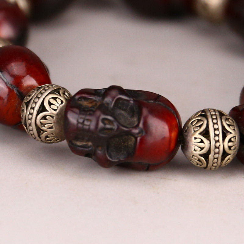Chinese Ox Horn Carved Skull Beads Bracelet