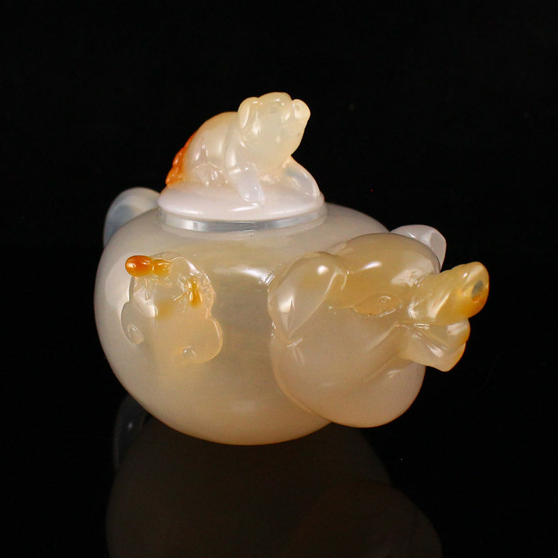 Chinese Agate Fortune Pig Teapot w Certificate