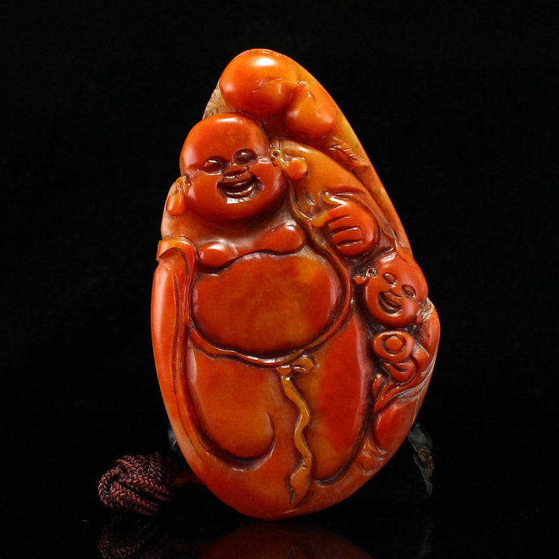 Vintage Chinese Shoushan Stone Laughing Buddha & Kid Pendant