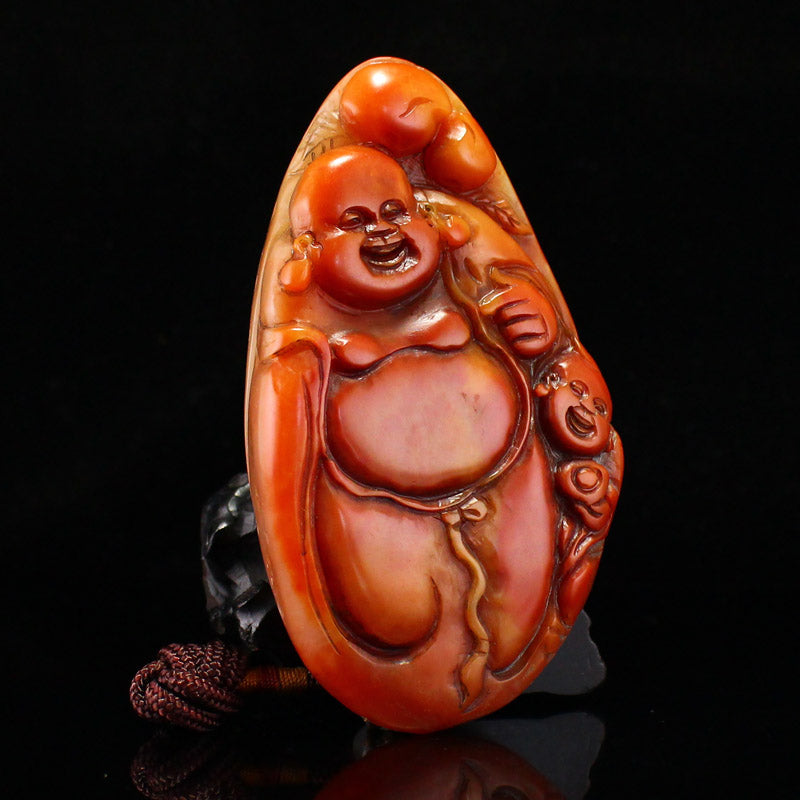 Vintage Chinese Shoushan Stone Laughing Buddha & Kid Pendant