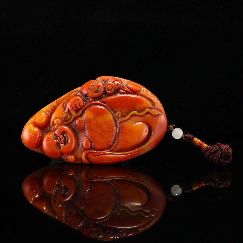 Vintage Chinese Shoushan Stone Laughing Buddha & Kid Pendant