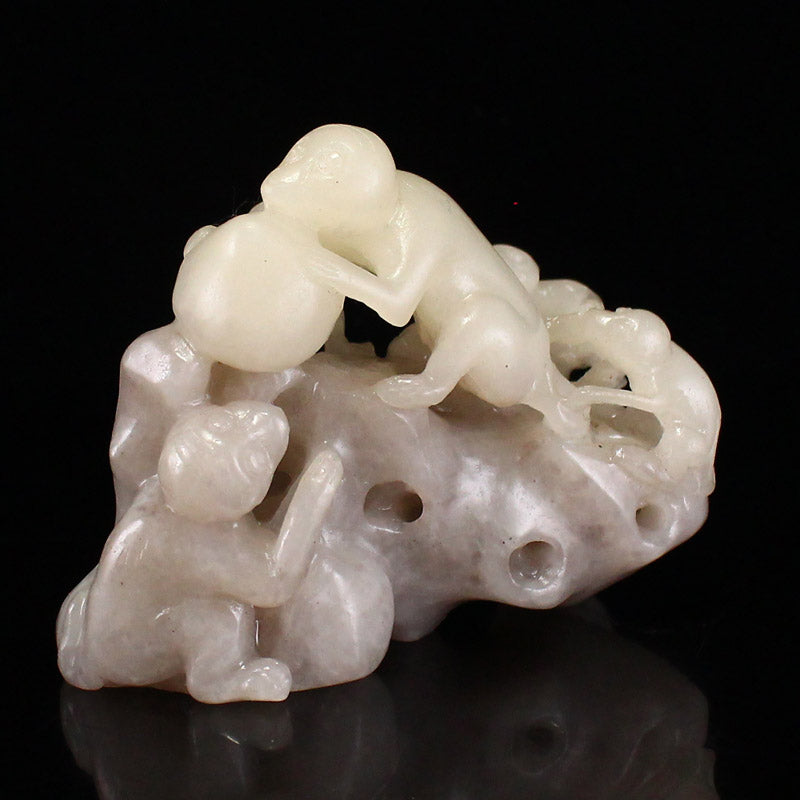 Double Color Nephrite Jade Carved Monkey & Peach Statue