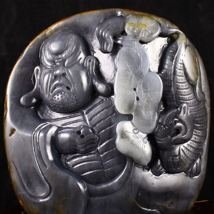 Chinese Natural Hetian Jade Carved Arhat & Beast Statue
