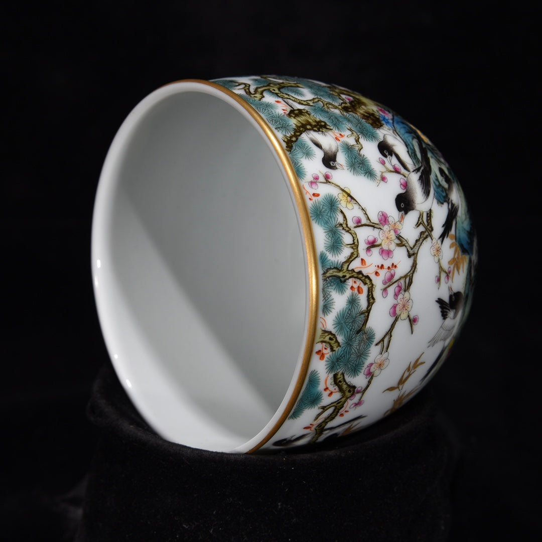 Chinese Gilt Edge Famille Rose Flower Bird Porcelain Cup