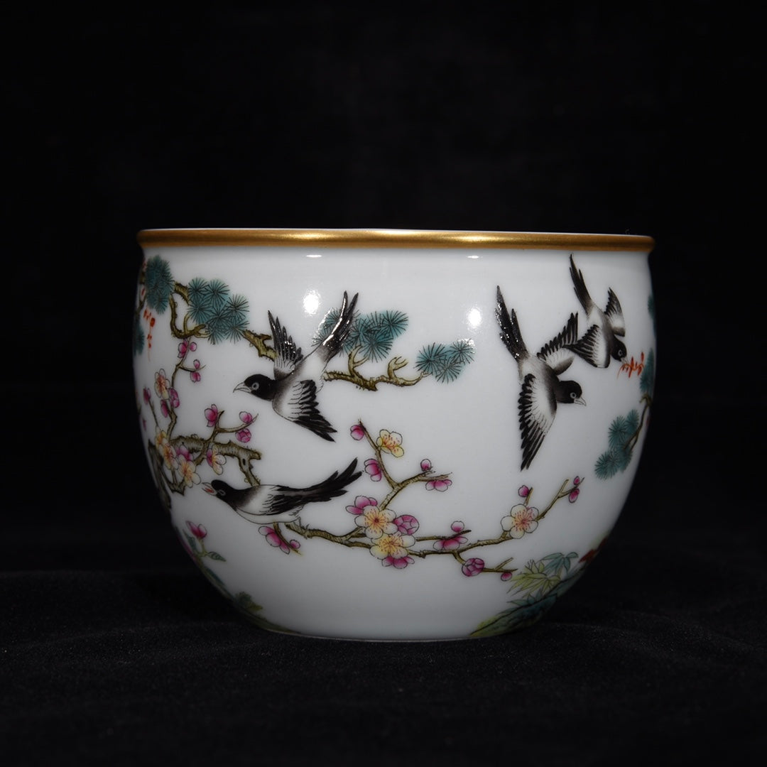 Chinese Gilt Edge Famille Rose Flower Bird Porcelain Cup
