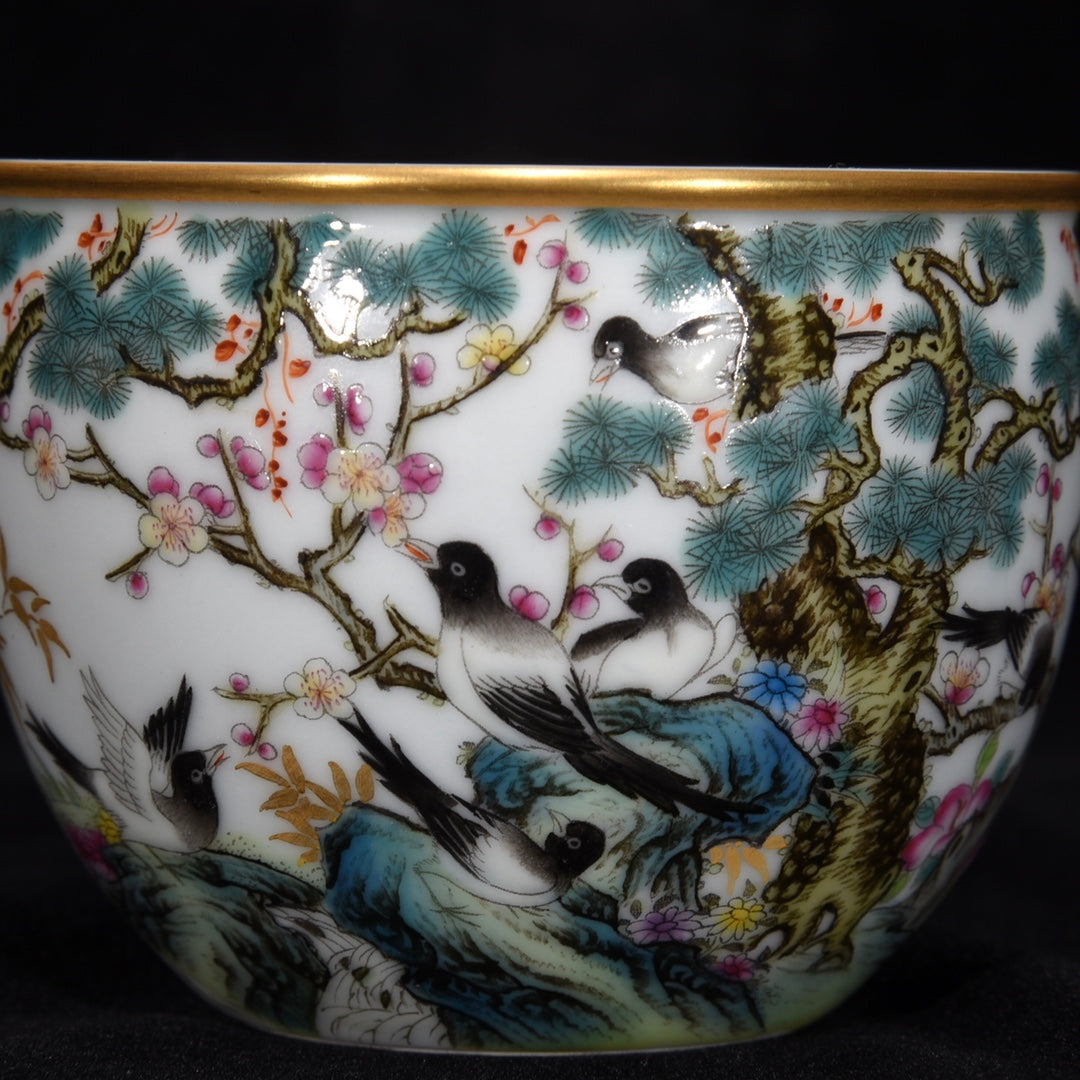 Chinese Gilt Edge Famille Rose Flower Bird Porcelain Cup