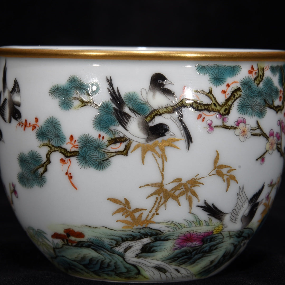 Chinese Gilt Edge Famille Rose Flower Bird Porcelain Cup