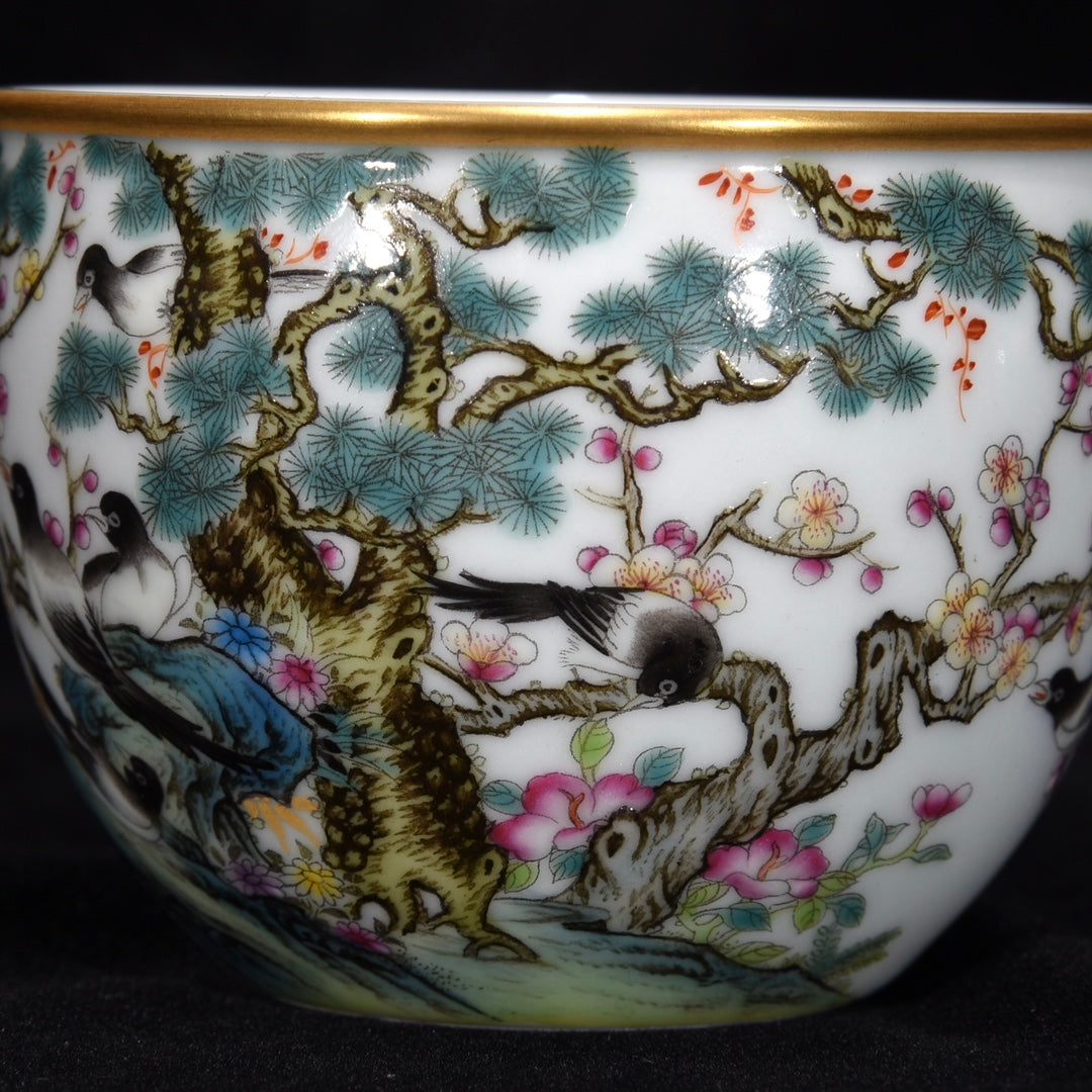 Chinese Gilt Edge Famille Rose Flower Bird Porcelain Cup