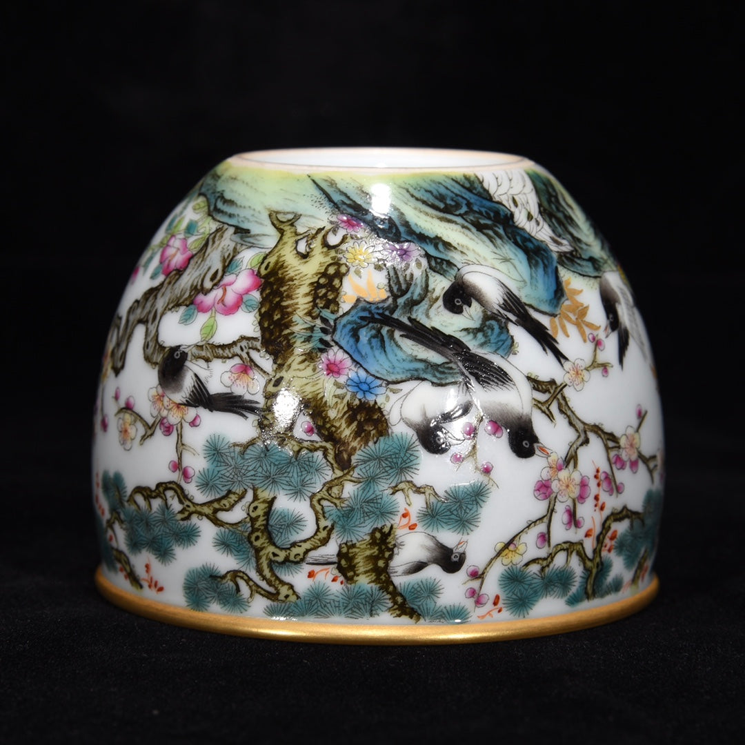 Chinese Gilt Edge Famille Rose Flower Bird Porcelain Cup