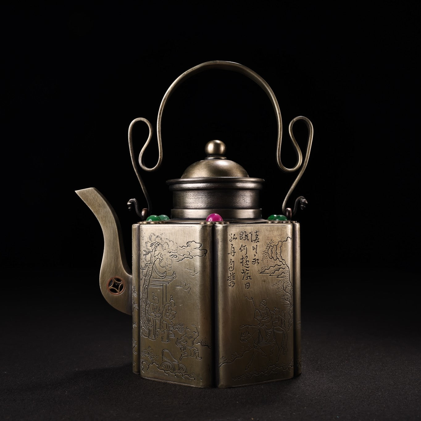Old Chinese White Copper Inlay Gem Wine Pot