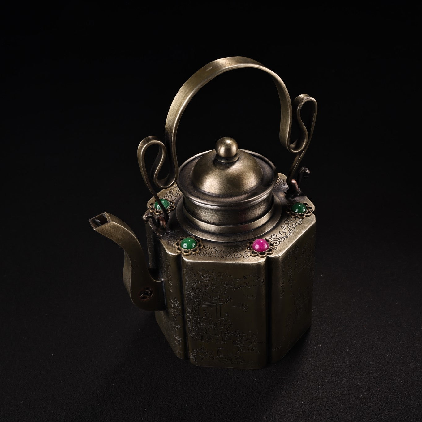 Old Chinese White Copper Inlay Gem Wine Pot