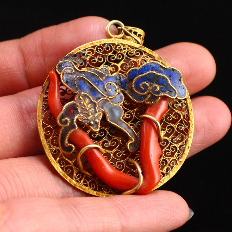 Chinese Gold Wire Gilt Gold Enamel Inlay Red Coral Pendant