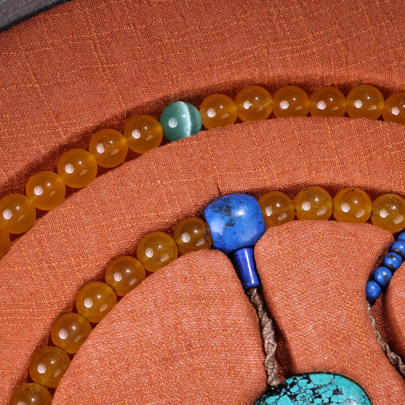 Chinese Huanglong Jade & Turquoise, Lapis Lazuli Beads Court Officials Necklace w Box
