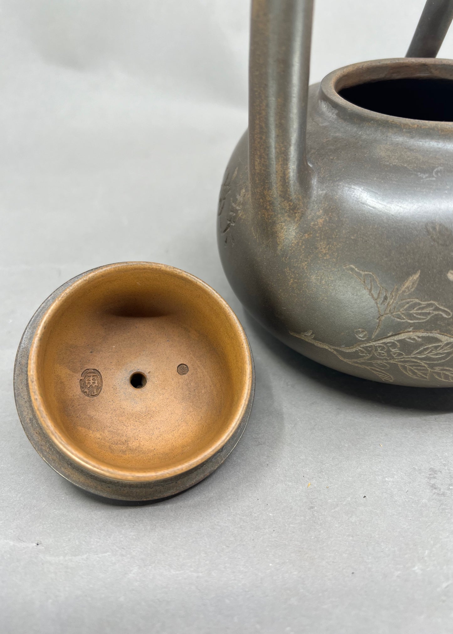 Old Chinese Yixing Zisha Clay Flower Bird Poetic Prose Handle Teapot w Artist Signed