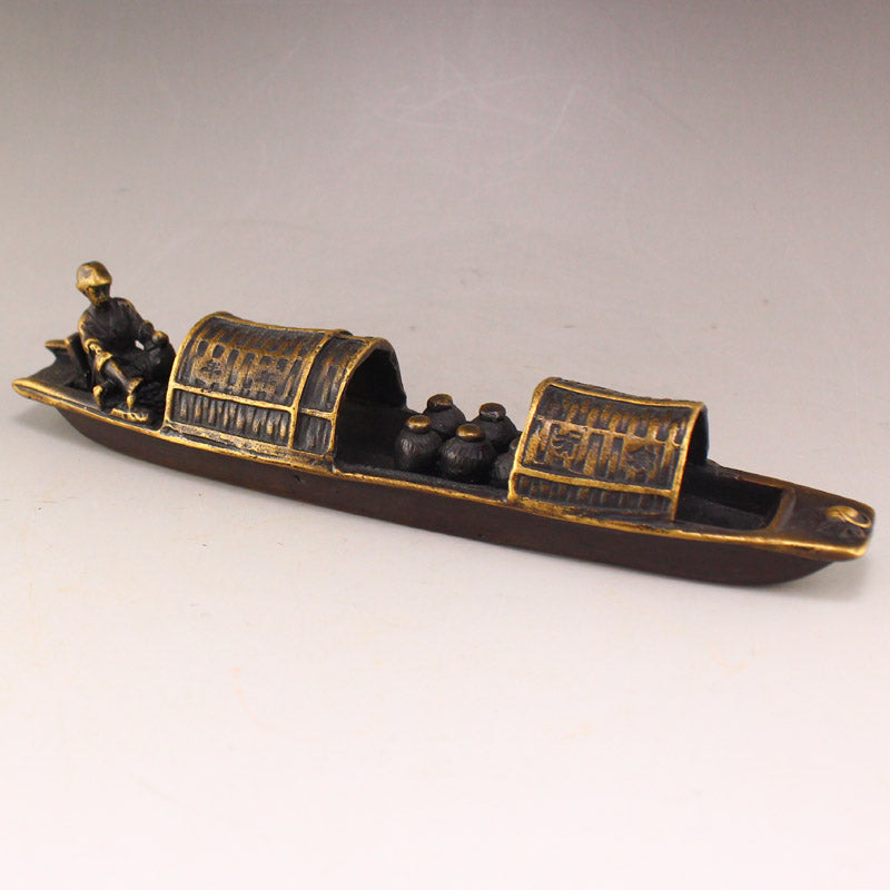 Old Chinese Brass Figure & Boat Statue