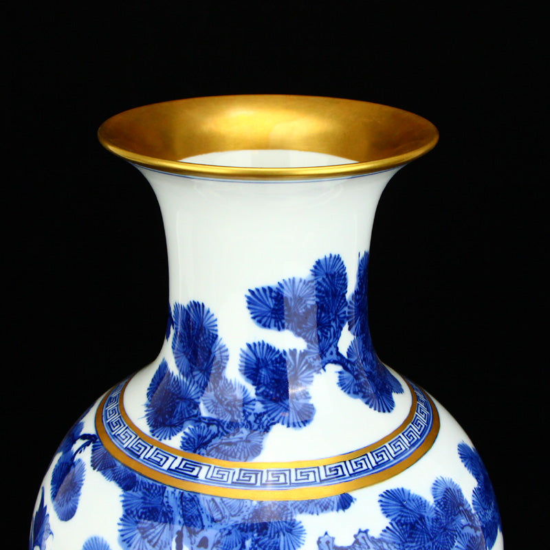 Chinese Gilt Gold Blue And White Porcelain Crane & Pine Tree Design Vase