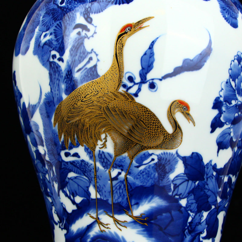 Chinese Gilt Gold Blue And White Porcelain Crane & Pine Tree Design Vase