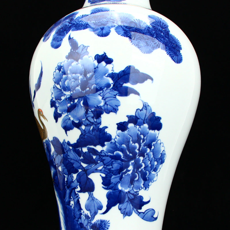 Chinese Gilt Gold Blue And White Porcelain Crane & Pine Tree Design Vase