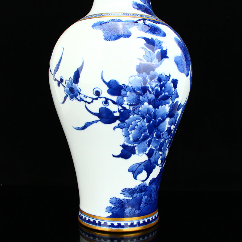 Chinese Gilt Gold Blue And White Porcelain Crane & Pine Tree Design Vase