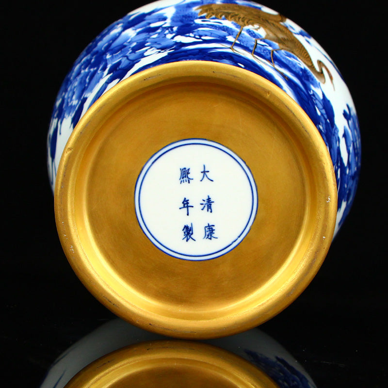 Chinese Gilt Gold Blue And White Porcelain Crane & Pine Tree Design Vase