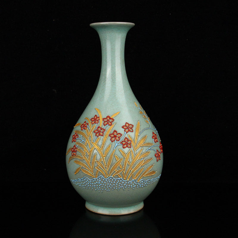 Chinese Ru Kiln Blue Glaze Flower Design Porcelain Vase
