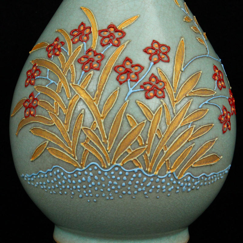 Chinese Ru Kiln Blue Glaze Flower Design Porcelain Vase