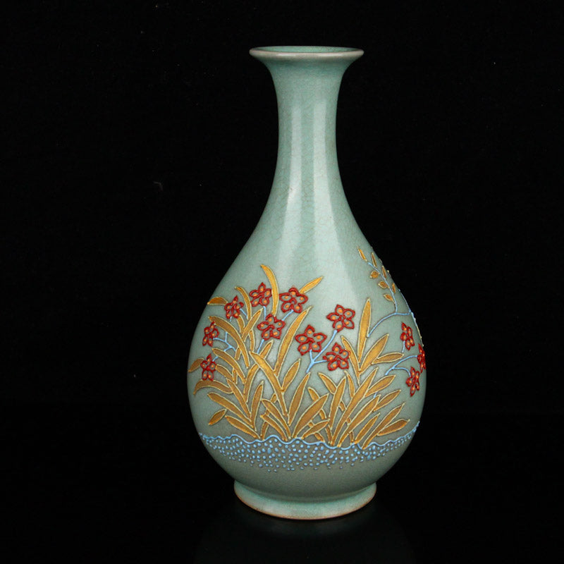 Chinese Ru Kiln Blue Glaze Flower Design Porcelain Vase