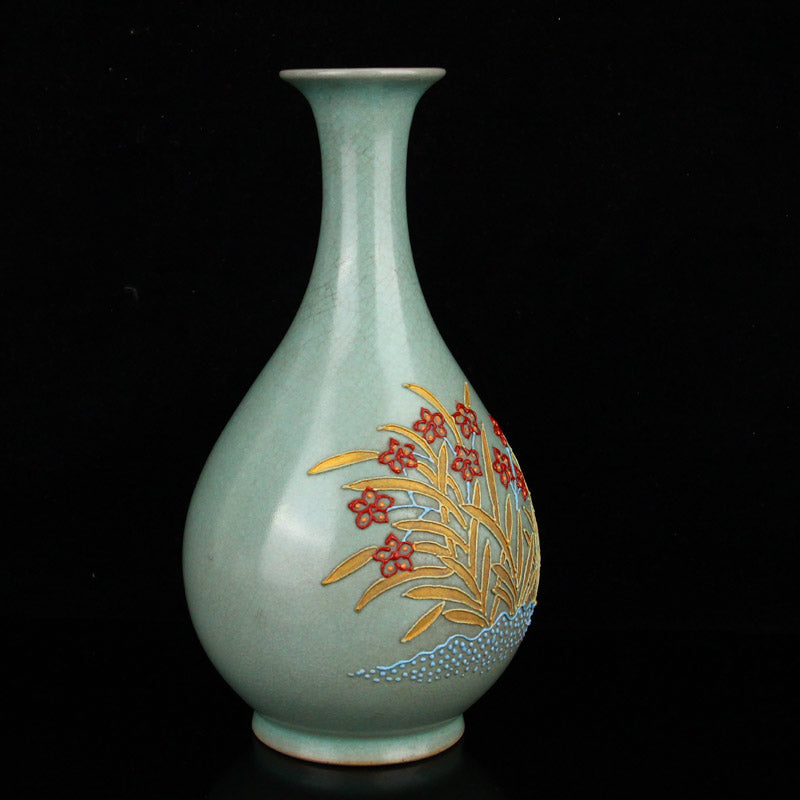 Chinese Ru Kiln Blue Glaze Flower Design Porcelain Vase