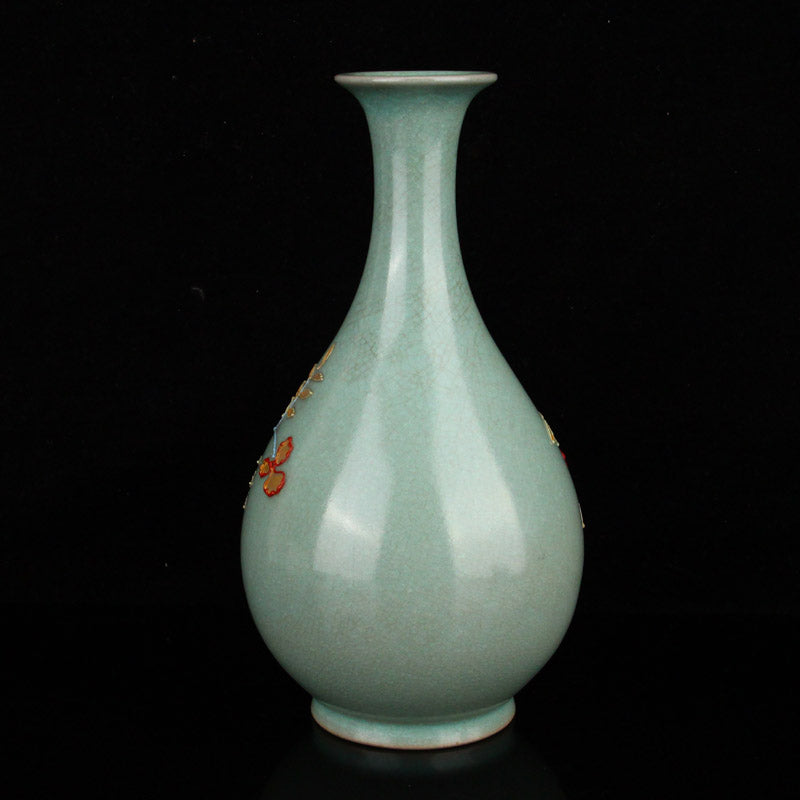 Chinese Ru Kiln Blue Glaze Flower Design Porcelain Vase