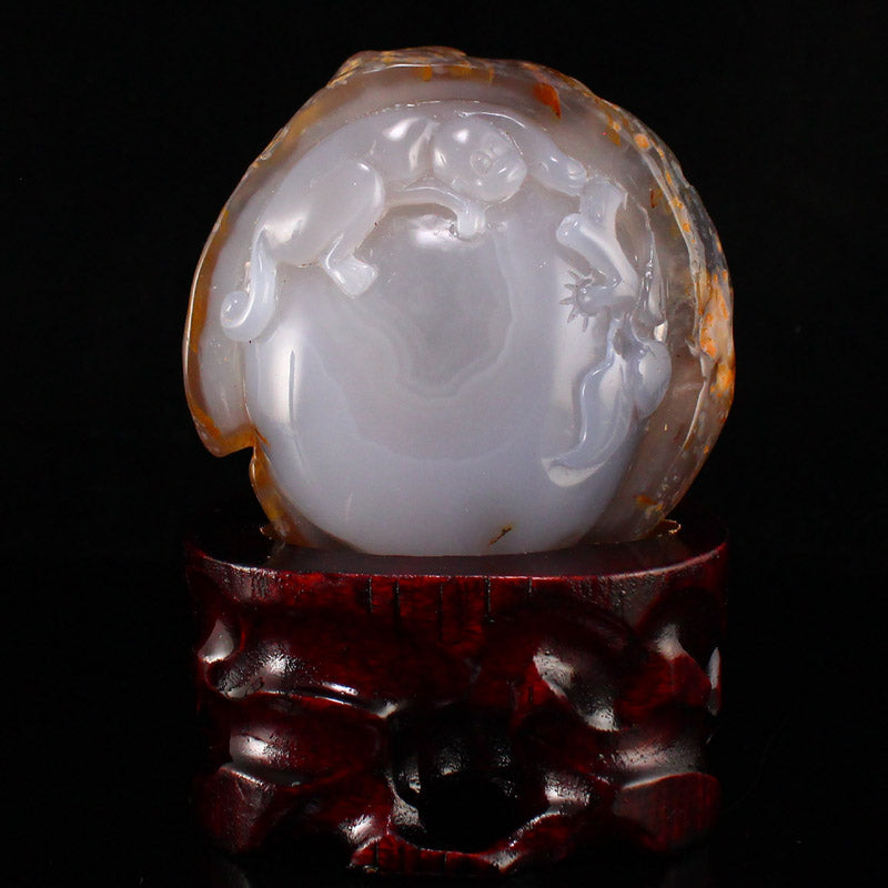 Natural Water Bile Agate Carved Monkey Statue w Certificate