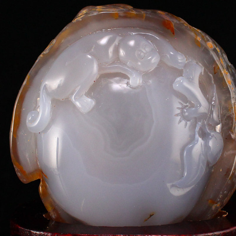 Natural Water Bile Agate Carved Monkey Statue w Certificate