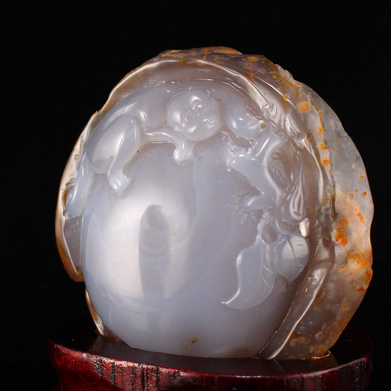 Natural Water Bile Agate Carved Monkey Statue w Certificate