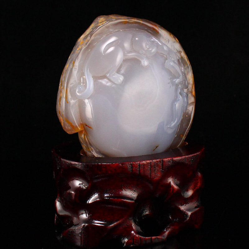 Natural Water Bile Agate Carved Monkey Statue w Certificate