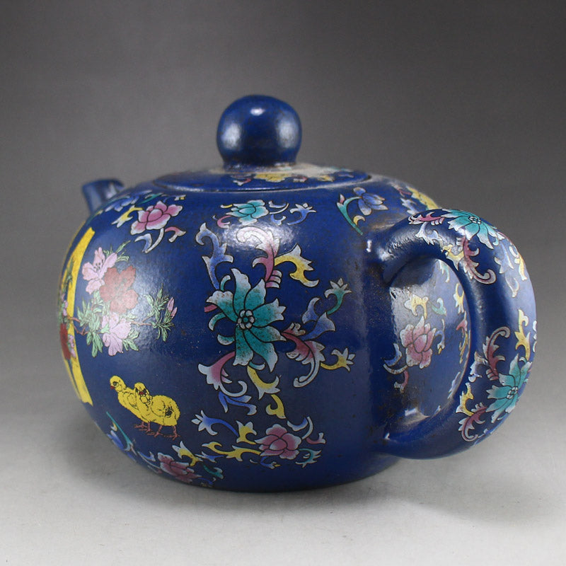Old Chinese Yixing Zisha Clay Famille Rose Flower Design Teapot