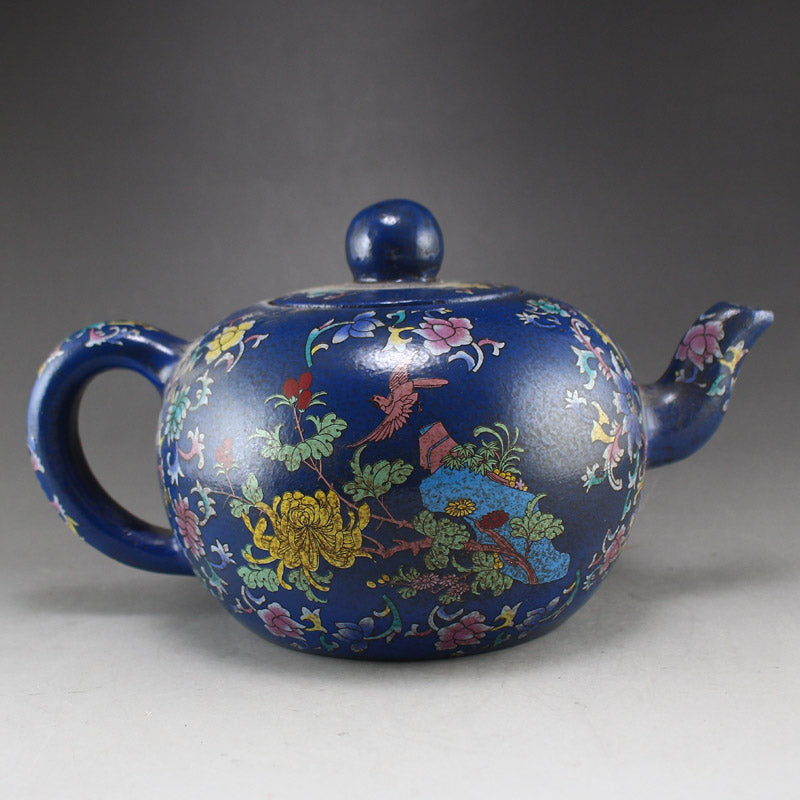 Old Chinese Yixing Zisha Clay Famille Rose Flower Design Teapot