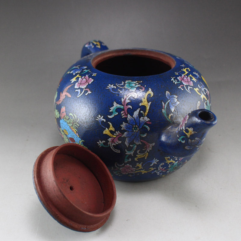 Old Chinese Yixing Zisha Clay Famille Rose Flower Design Teapot