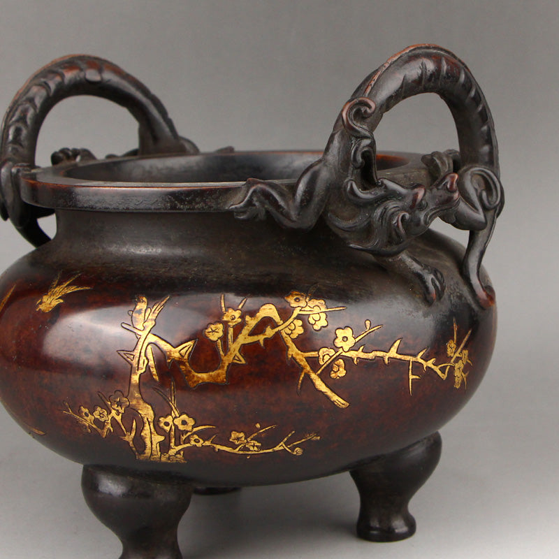 Superb Chinese Gilt Gold Copper Chi Dragon Double Ears Incense Burner