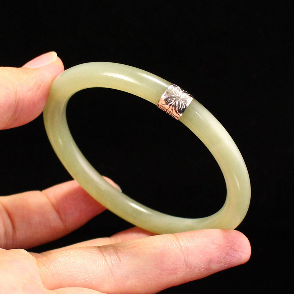 Chinese Natural Hetian Jade Inlay Silver Bracelet