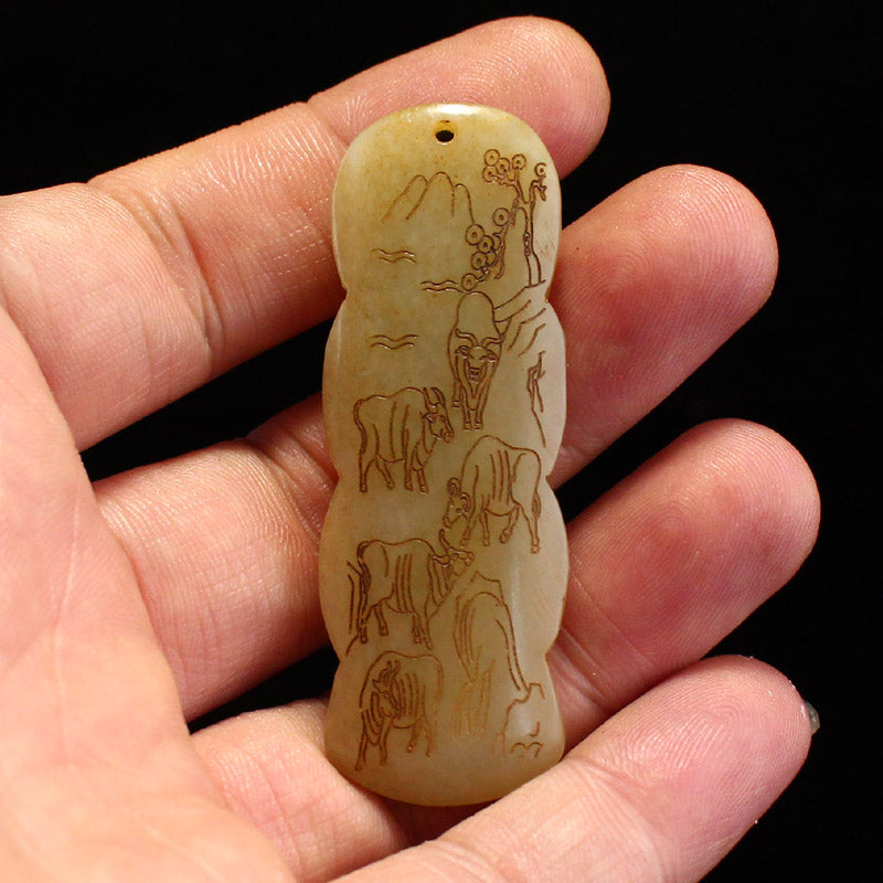 Old Chinese Hetian Jade Carved Five Oxen Pendant