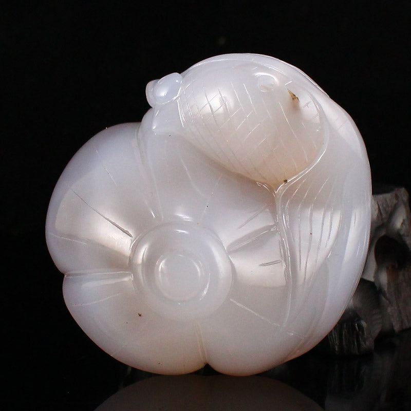 Natural Agate Lotus Pod & Goldfish Pendant w Certificate