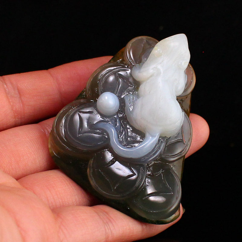 Natural Agate Carved Mouse Statue w Certificate
