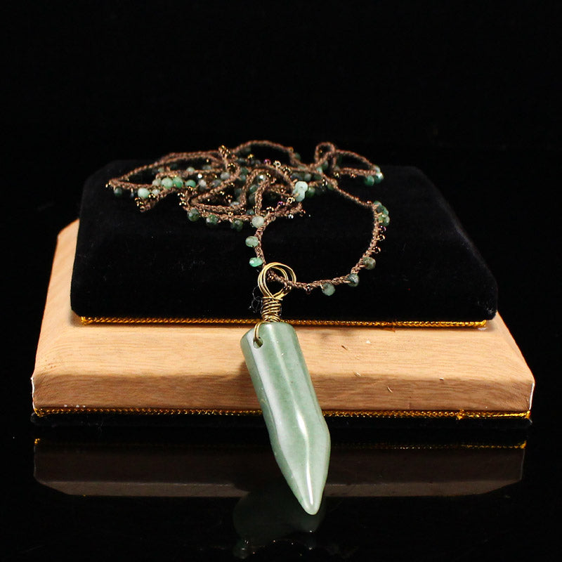 Natural Green Aventurine Pendant w hand-woven Gemstone Necklace